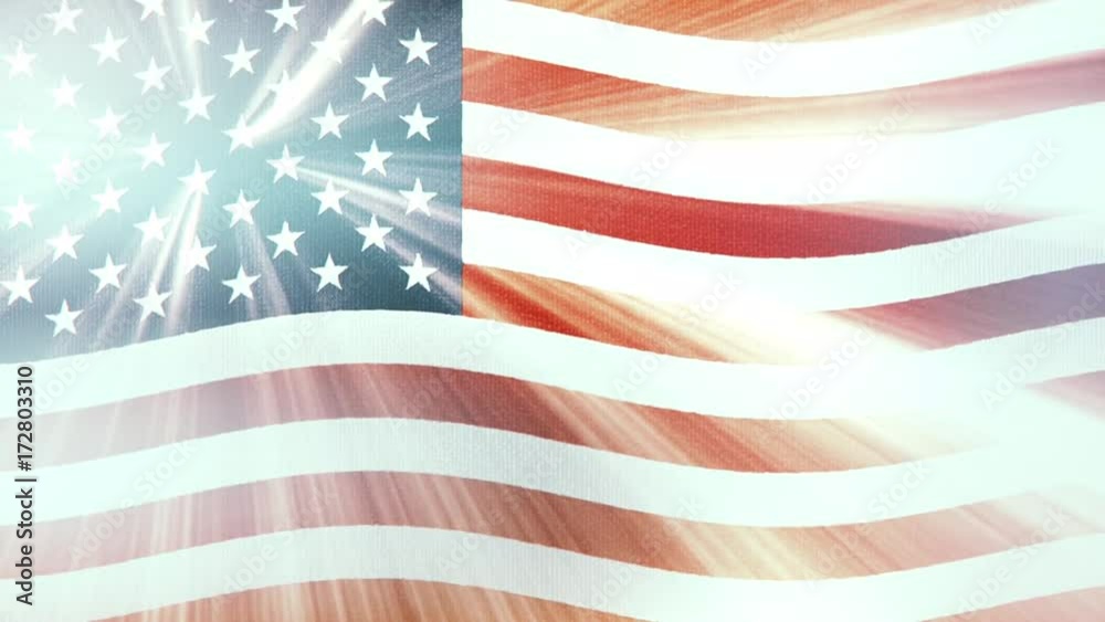USA America flag waving seamless loop with sun light rays new quality unique animated dynamic motion joyful colorful cool background video footage