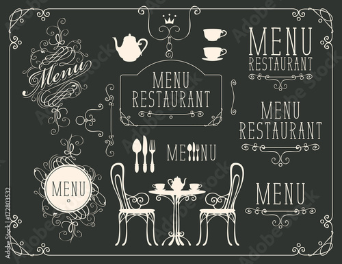 Vector set of images on the theme of menu for restaurant or cafe on a black background. Drawing design elements chalk on a blackboard