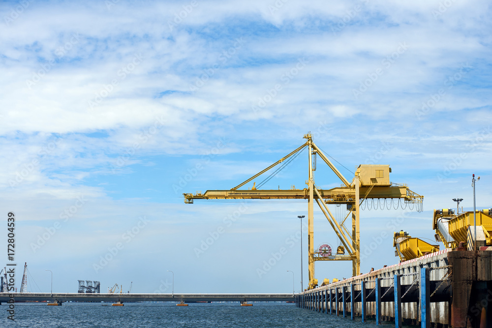 Deep sea port with blue sky center of transportation, cargo, shiping by the sea