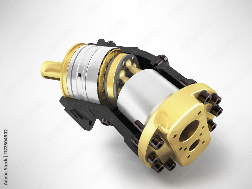Axial piston hydraulic motor 3d render on gray background