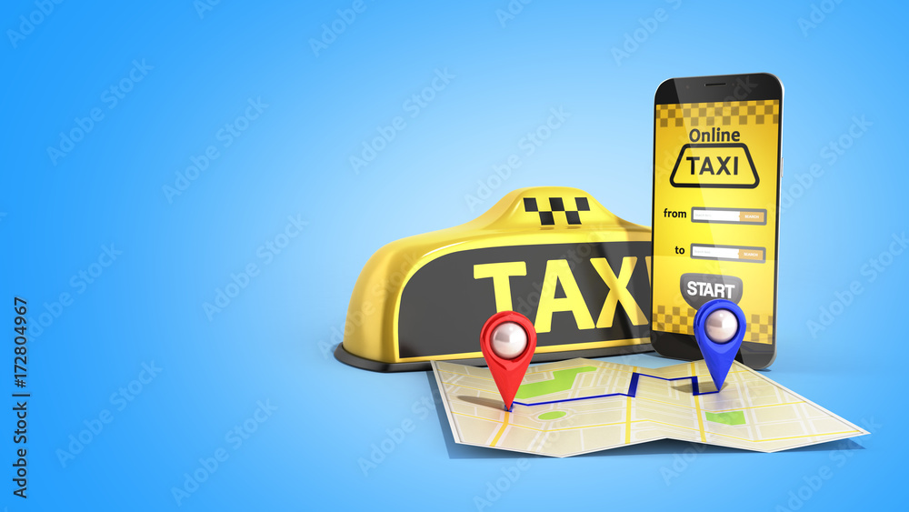 Ordering a taxi cab online internet service transportation concept navigation pin pointer with checker pattern and yellow taxi and phone 3d render on blue