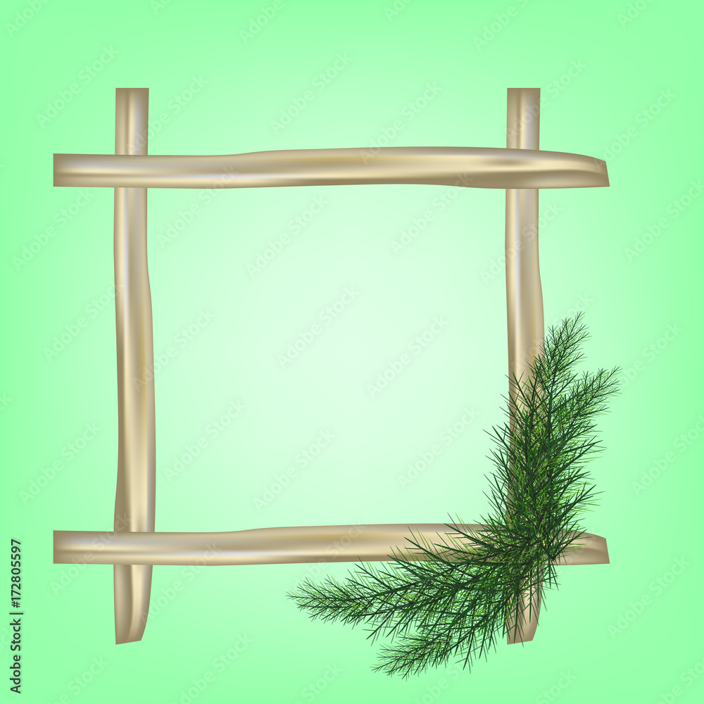 Wooden Frame with Pine tree branches iSolated in the green background. Useful for a xmas greeting card