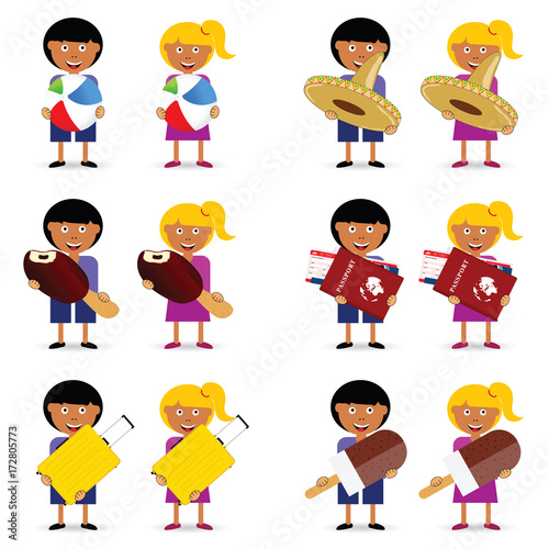 children holding beach stuff item illustration