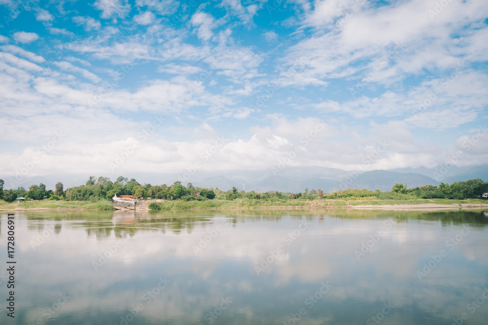 Natural scene Reflection at Mekong River, Nong Khai, Thailand.