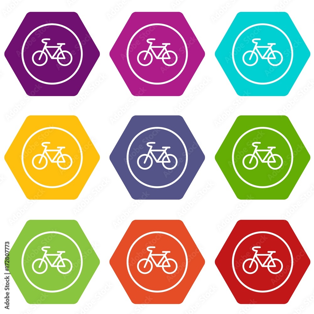 Sign bike icon set color hexahedron