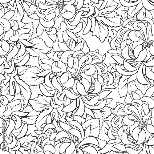 Seamless pattern with chrysanthemum in Japanese style. Outline d