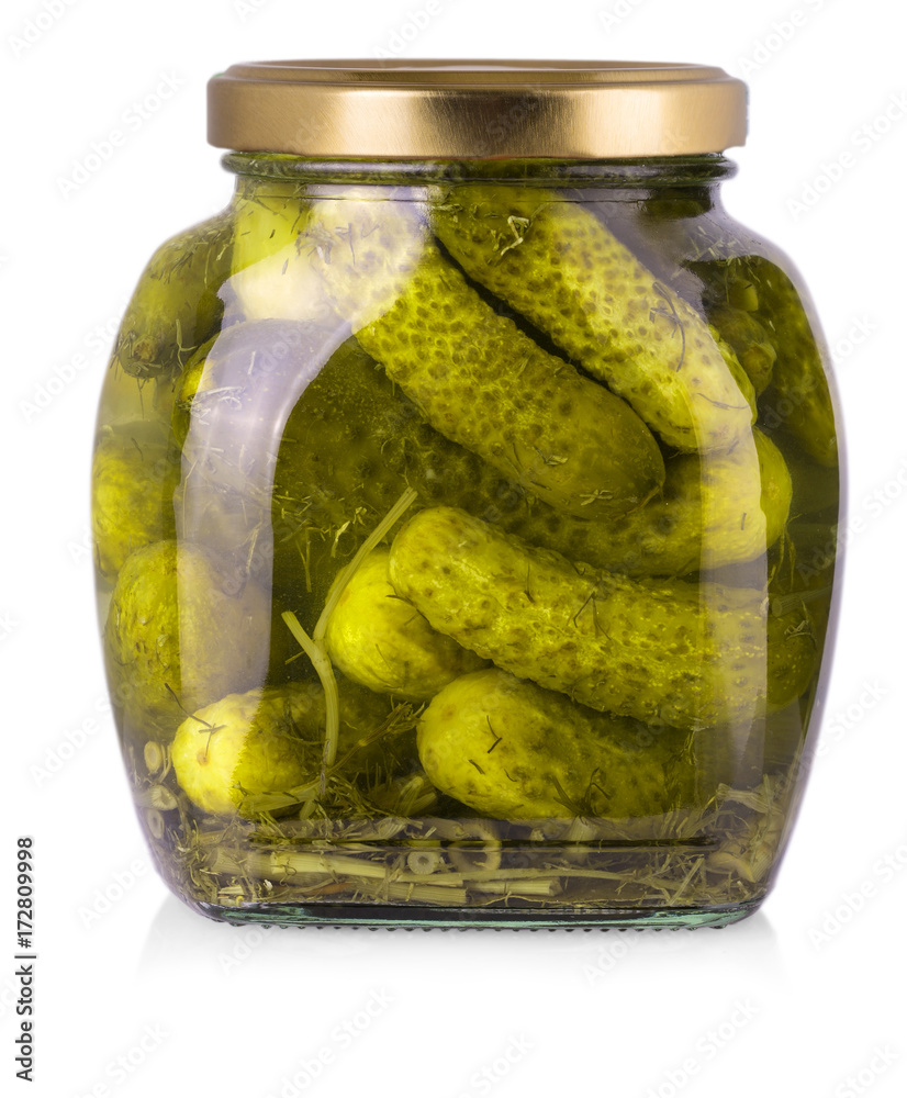 Pickled cucumbers in glass jar on a white background Pickled cucumbers in glass jar on a white background