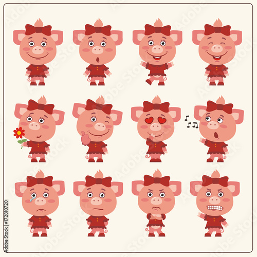 Set of charming little pig girl in various poses. Collection emoticons of isolated girls pigs in cartoon style.