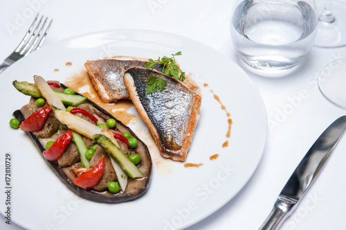 Grilled Halibat fish with Foie Gras, eggplant and asparagus