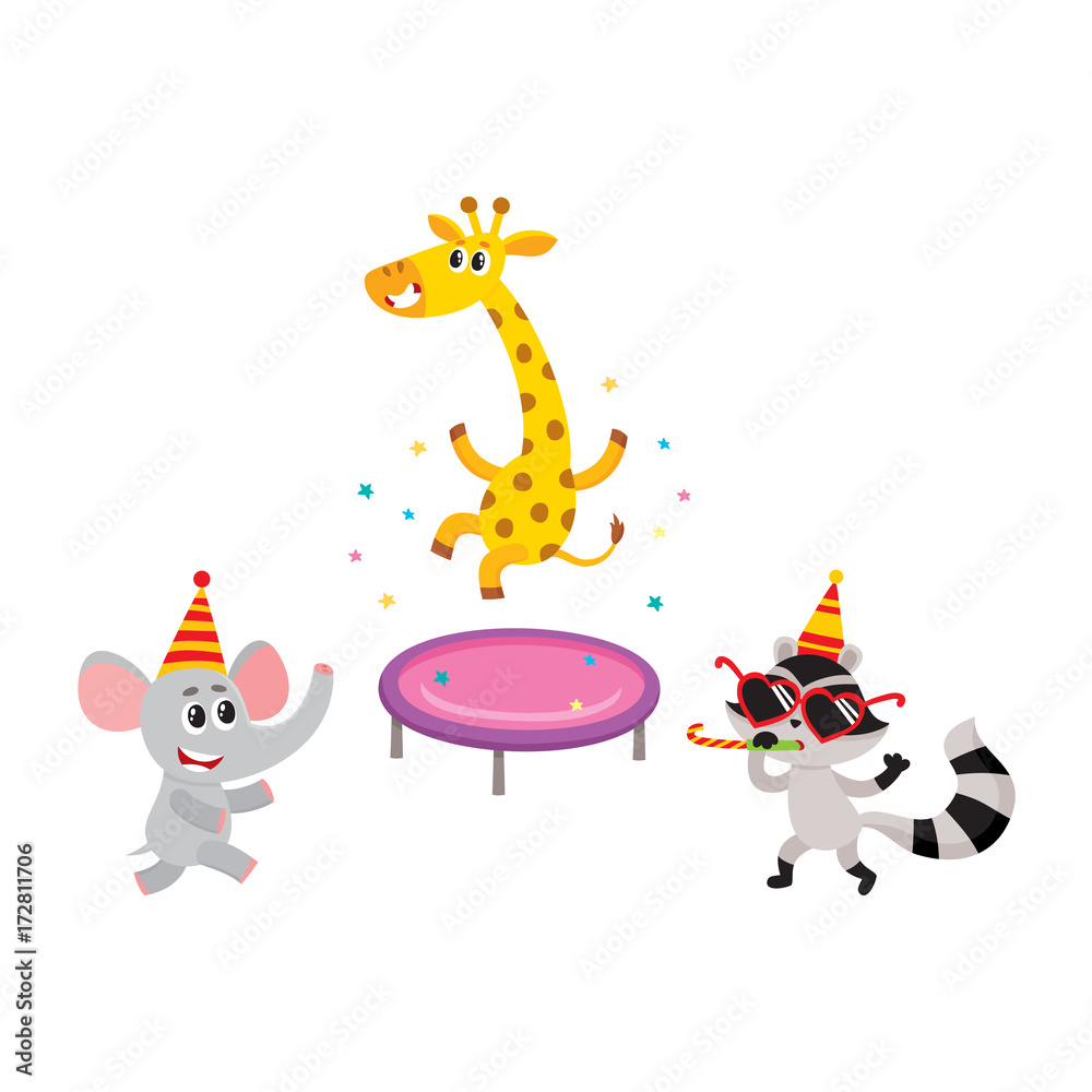 vector flat cartoon cheerful animals character smiling in paty hat set.  giraffe jumping on trampoline, raccoon having fun whistling elephant  dancing. isolated illustration on a white background Stock Vector | Adobe  Stock