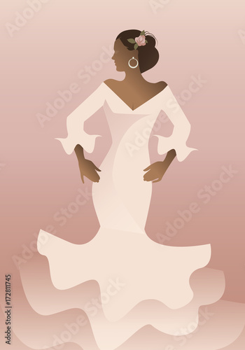 Typical Spanish woman wearing flamenco dress. Vector Illustration