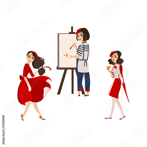 French women characters with typical symbols of France - painting, fashion, wine and chesse, flat cartoon vector illustration isolated on white background. Typical French people, women, characters