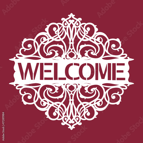 Welcome plate template for die and laser cutting. Wooden or metal plaque on the door. Stencil Welcome for your design. Cake topping template for cutting.