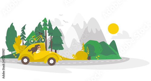 vector flat cartoon camping scene, travelling road trip. funny yellow car with big bags fixed at its roof within trees, mountains. Isolated illustration on a white background.