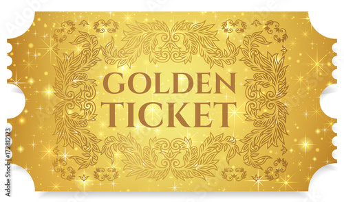 Gold ticket, golden token (tear-off ticket, coupon) with star magical background. Useful for any festival, party, cinema, event, entertainment show
