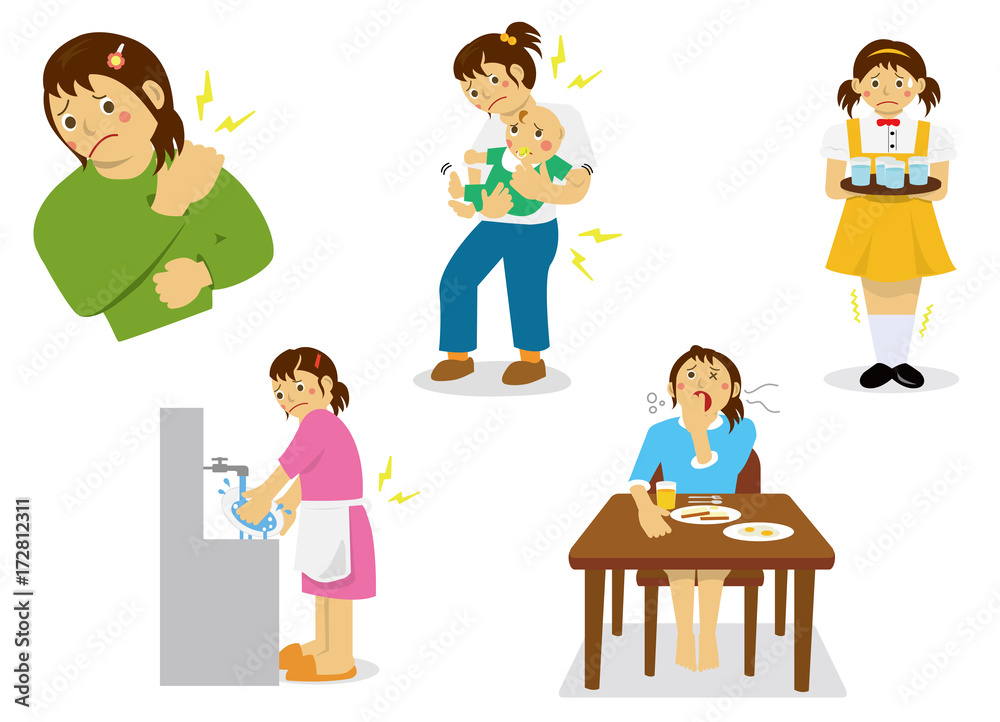Young woman's pain , fatigue vector illustration set Young woman's pain , fatigue vector illustration set