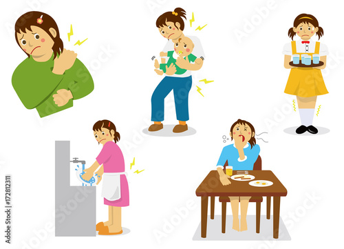 Young woman's pain , fatigue vector illustration set