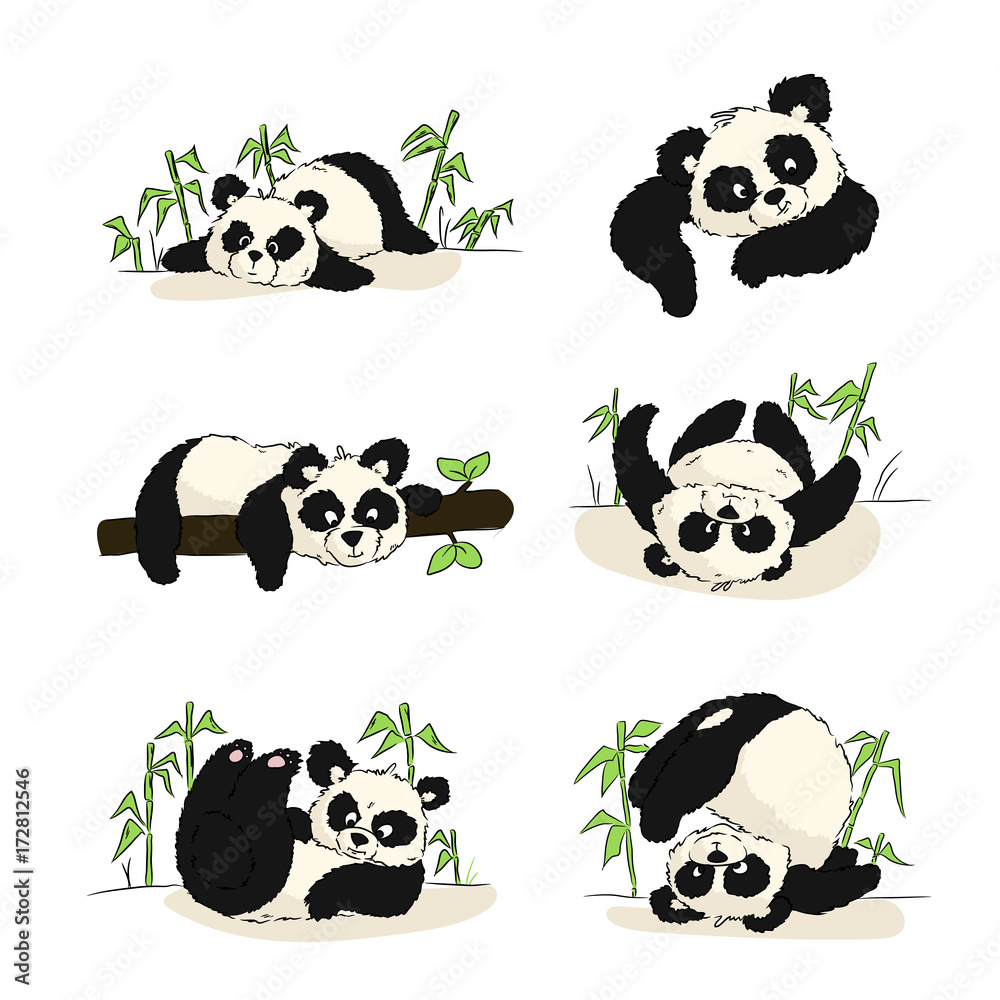 Obraz premium A set of illustrations with a panda cub. Panda sleeping, eating, playing. Hand drawing.