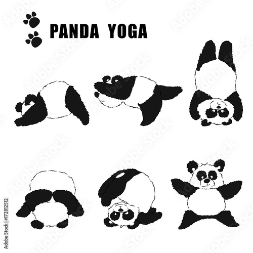 Fototapeta Naklejka Na Ścianę i Meble -  A set of pandas engaged in yoga. Black and white pattern on a transparent background