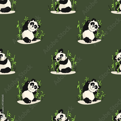 Fototapeta Naklejka Na Ścianę i Meble -  Seamless pattern with playing pandas and bamboo. Hand draw vector illustration