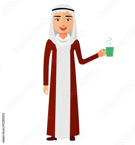 Saudi businessman with a cup of tea and teapot vector flat cartoon illustration.