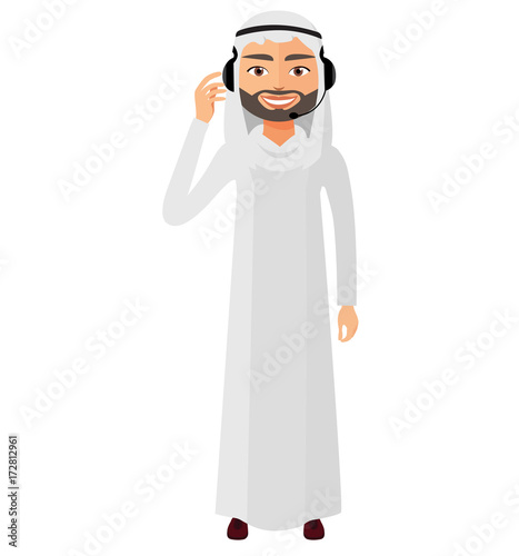 Arab operator saudi man in headset customer service helpdesk service call center concept  flat cartoon vector illustration