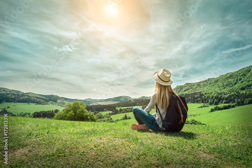 Fotografie Woman leasure and relaxing around the mountains with beautiful g