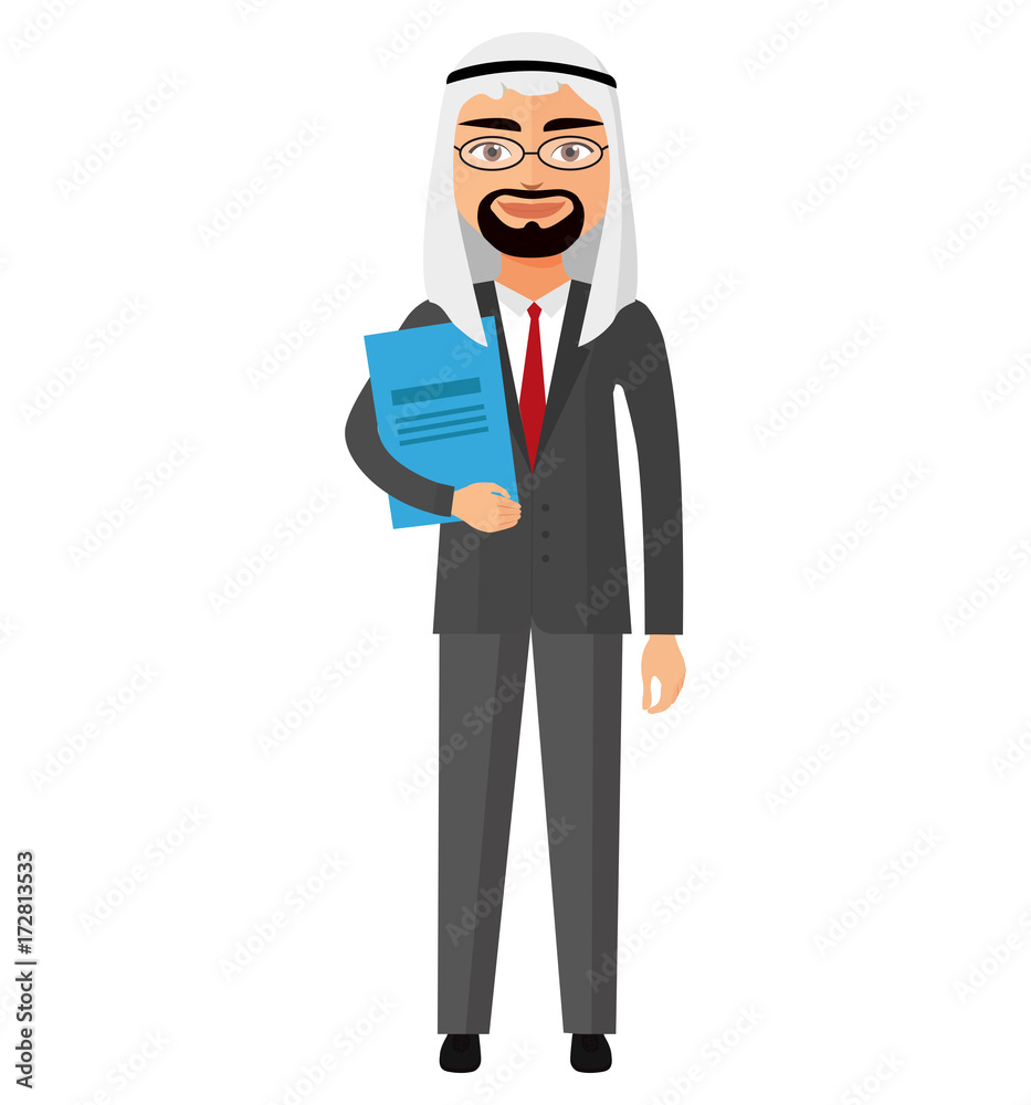 Arab iran businessman with glasses and briefcase vector flat cartoon illustration. Arab iran businessman with glasses and briefcase vector flat cartoon illustration.