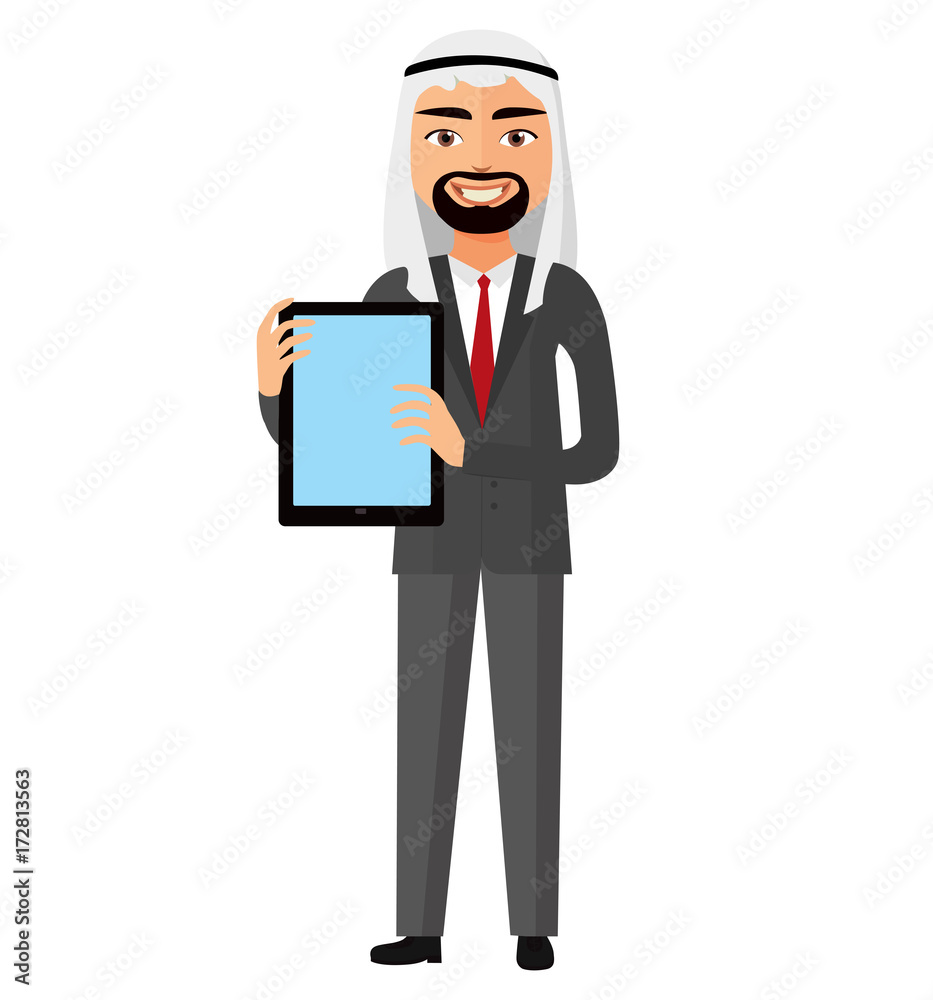 Iran arab business man showing something on the tablet flat cartoon vector illustration. Iran arab business man showing something on the tablet flat cartoon vector illustration.