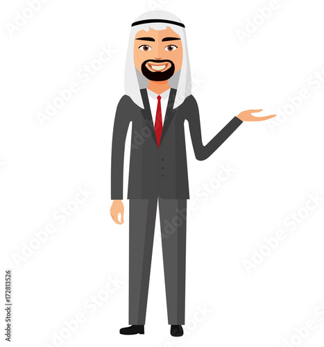 Arab saudi businessman presents something vector flat cartoon illustration.
