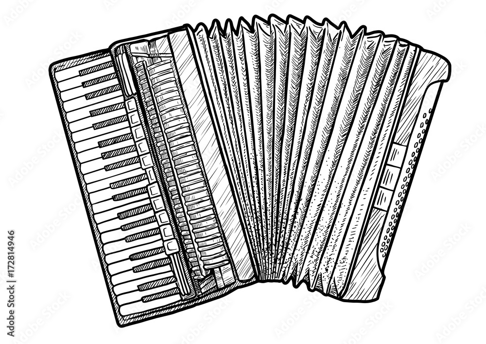 Accordion illustration, drawing, engraving, ink, line art, vector Stock