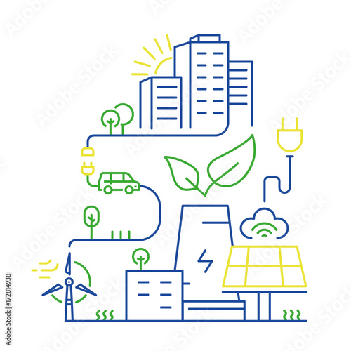 Vector linear illustration of smart city and internet of things, future technology for living, smart environments, intelligent urbanism and urban development. Mono line infographics design