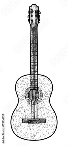 Guitar illustration, drawing, engraving, ink, line art, vector