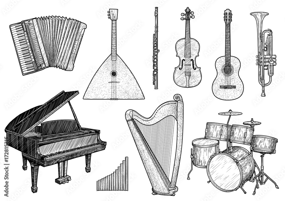 Naklejka premium Collection of musical instruments illustration, drawing, engraving, ink, line art, vector