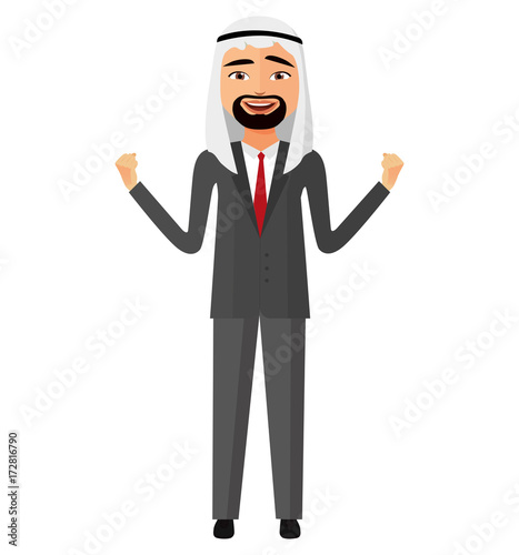 Admiring extremely excited arab iran saudi business man in traditional clothing flat cartoon vector Illustration