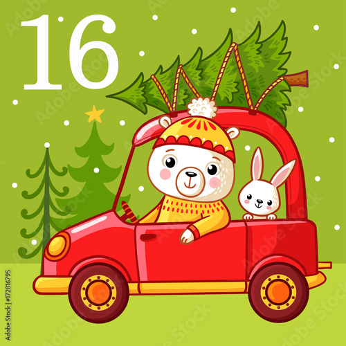 Christmas advent calendar in childrens style. Vector Illustration with cute rabbit  white bear  Christmas tree and red car.
