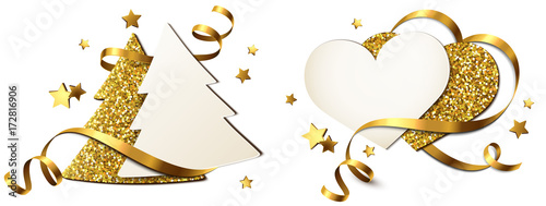 Glitter Grußkarten Set Gold, mit Gold Schleife und Sternen Dekoration - Weihnachtsbaum und Herz