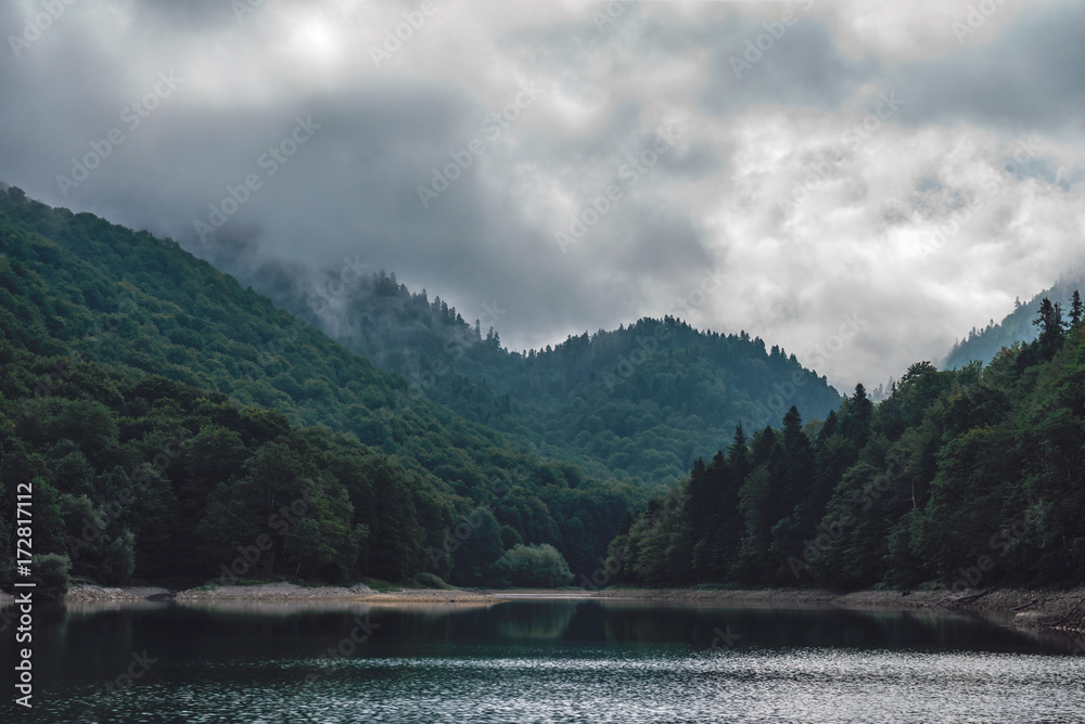Mountain lake with forest in fog