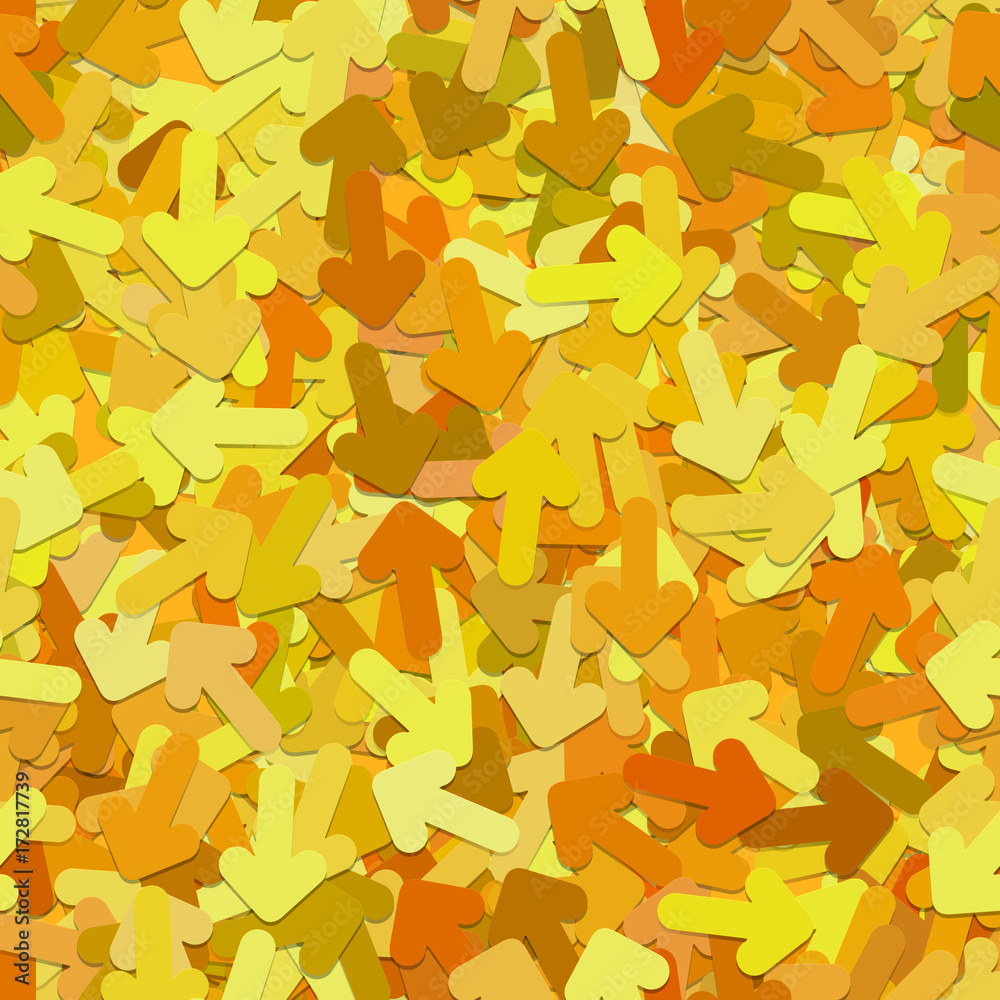 Repeating abstract chaotic arrow pattern background - vector graphic design from rotated rounded arrows in yellow and orange tones with shadow effect