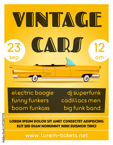 Vintage car show banner. Old auto. Cartoon vector illustration