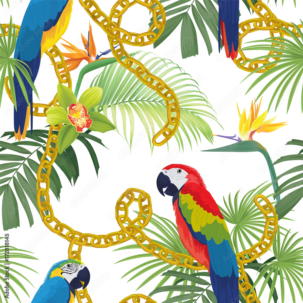 Tropical seamless pattern of macaw birds with bird of paradise flowers and chain on white background. Vector set of exotic tropical garden for wedding invitations, greeting card and fashion design. 