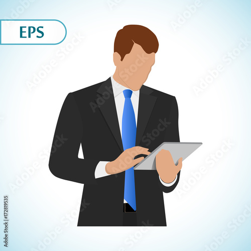 Businessman holding digital tablet PC. Portrait of businessman in a flat style. Vector illustration.