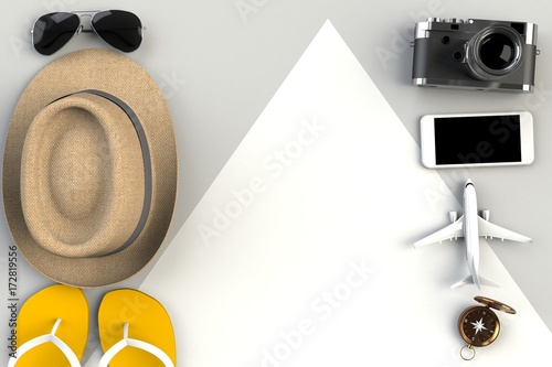Top view of Traveler's accessories on gray table background, Essential vacation items, Travel concept, 3D rendering