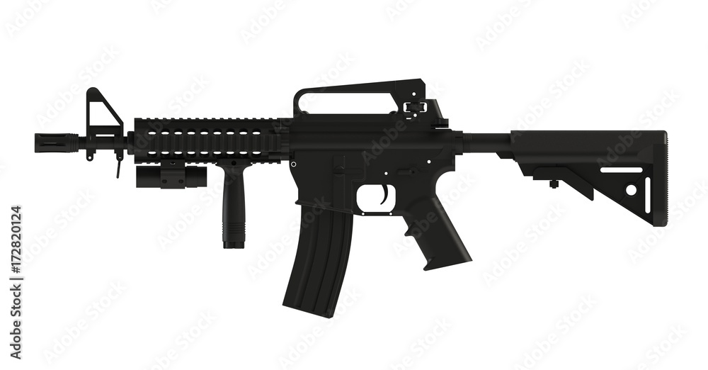 Beside view of black assult rifle AR15 model MK18 MOD1 isolated on white background, 3D rendering Beside view of black assult rifle AR15 model MK18 MOD1 isolated on white background, 3D rendering