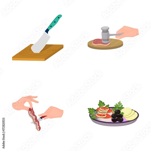 Cutlass on a cutting board, hammer for chops, cooking bacon, eating fish and vegetables. Eating and cooking set collection icons in cartoon style vector symbol stock illustration web.
