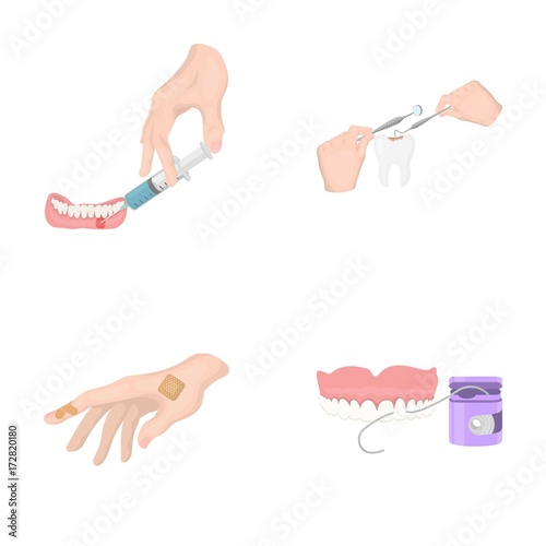 Anesthetic injection, dental instrument, hand manipulation, tooth cleaning and other web icon in cartoon style.bactericidal plaster, medicine icons in set collection.