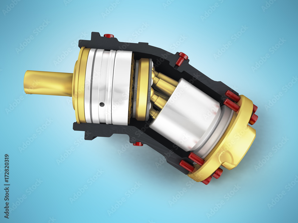 Axial piston hydraulic engine is gold in front 3d render on blue background Axial piston hydraulic engine is gold in front 3d render on blue background