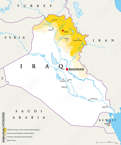 Iraqi Kurdistan Region political map. Official, controlled and claimed territories in Iraq. Neighbor countries, capitals and important cities, rivers and lakes. English labeling. Illustration. Vector.