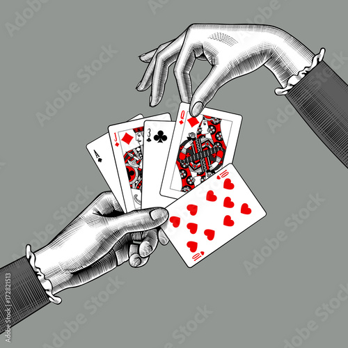 Woman's hands with playing cards fan. Vintage engraving stylized drawing
