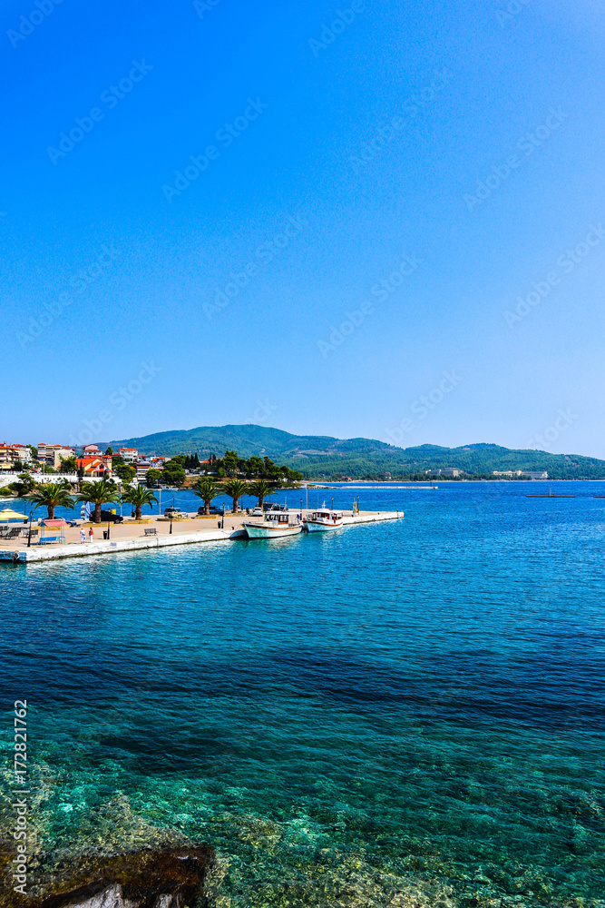 Greece, halkidiki, port marine, Mediterranean summer, Europe. Greek port, marine bay, landscape.